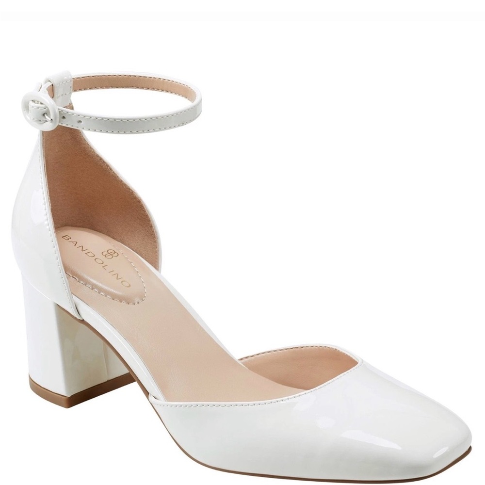 Bandolino White Patent Block Heel Pumps with Ankle Strap